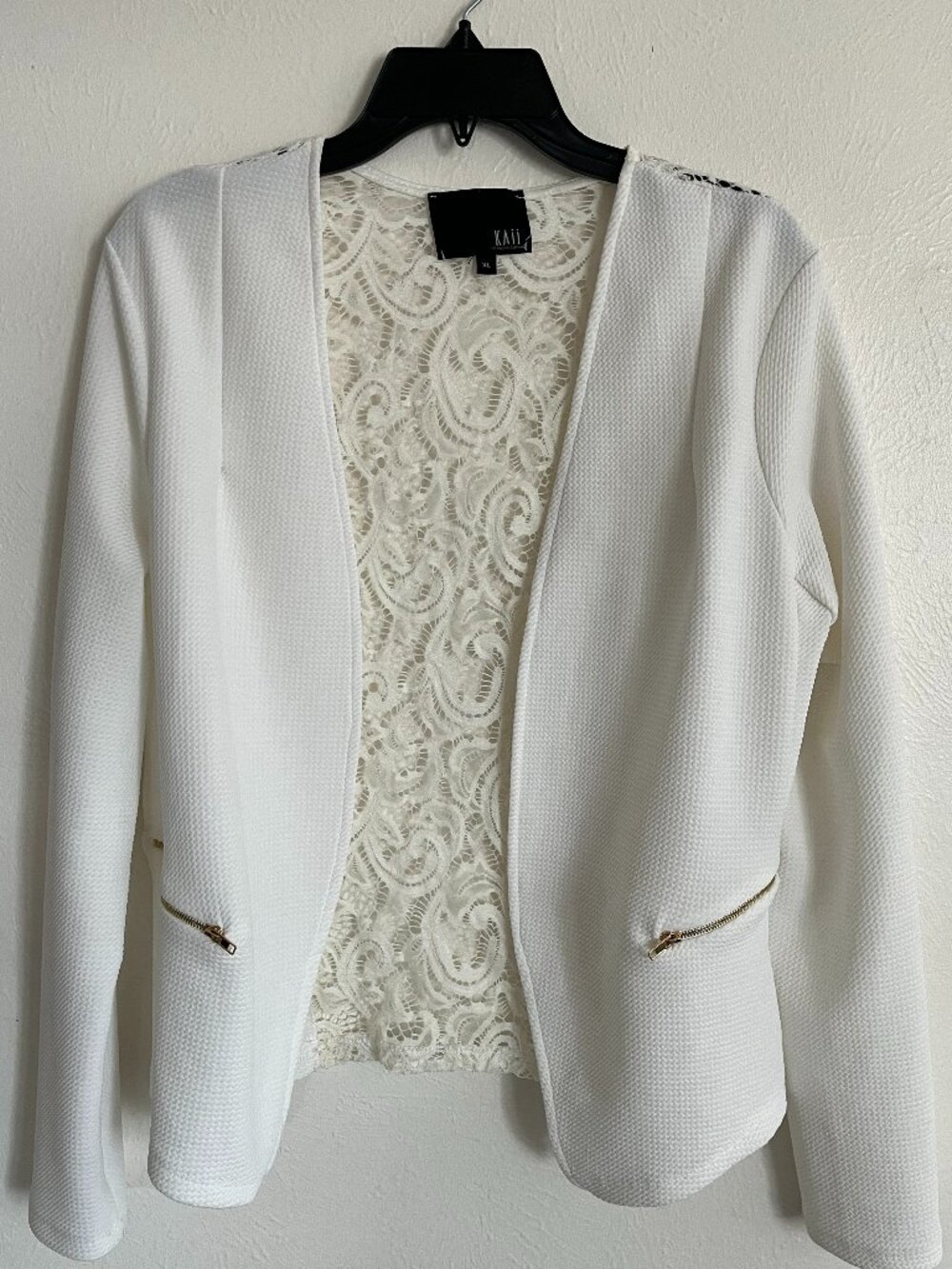 KAii White Textured Lace Back Women’s Blazer Jacket L Career Office